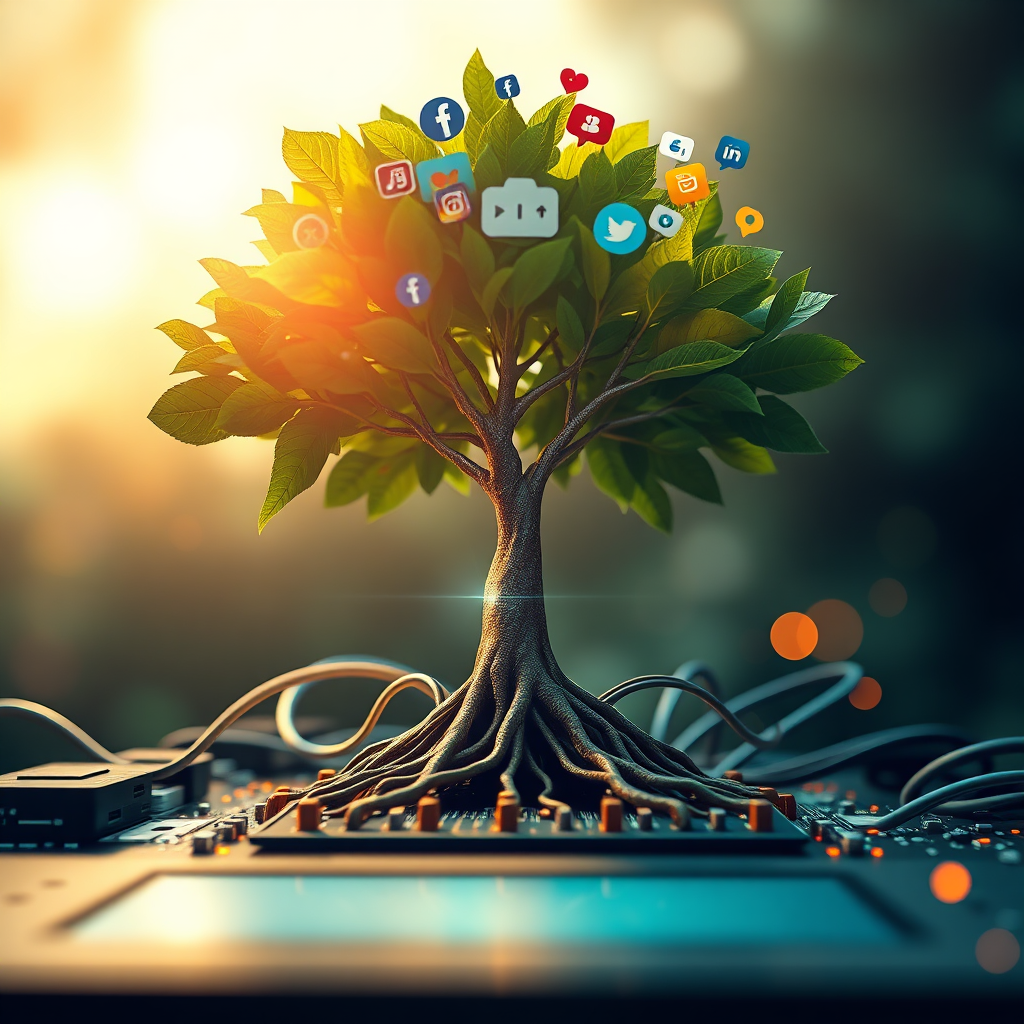 Create a 4K resolution, high-quality image representing Webwise Digital's mission of empowering businesses through web design and social media marketing. The scene should depict a stylized representation of a growing tree, its roots embedded in a computer motherboard, and its branches reaching towards social media icons in the sky. The tree's leaves are small website logos, symbolizing the growth of online businesses. The lighting should be warm and inviting, with a slightly surreal, optimistic atmosphere. The color palette should consist of greens, blues, and golds. The camera angle should be a low angle, looking up at the tree. Consider adding a subtle lens flare to enhance the sense of aspiration. Style: A blend of technology and nature, creating a visual metaphor for organic growth in the digital world. Textures should include smooth metal, lush foliage, and soft glowing lights.