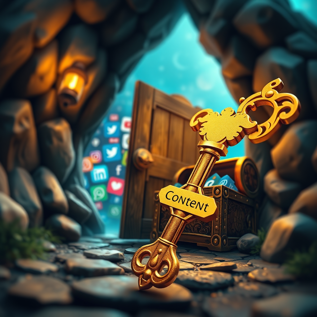 Create an image illustrating the power of content marketing. Depict a golden key unlocking a door leading to a treasure chest filled with social media logos and website design elements. The key is labeled "Content". The scene should be set in a mystical, fantasy environment. The color palette should be rich and warm, with golds, browns, and greens. The camera angle should be a slightly low angle, emphasizing the grandeur of the scene. Style: Whimsical, fantastical, and symbolic.