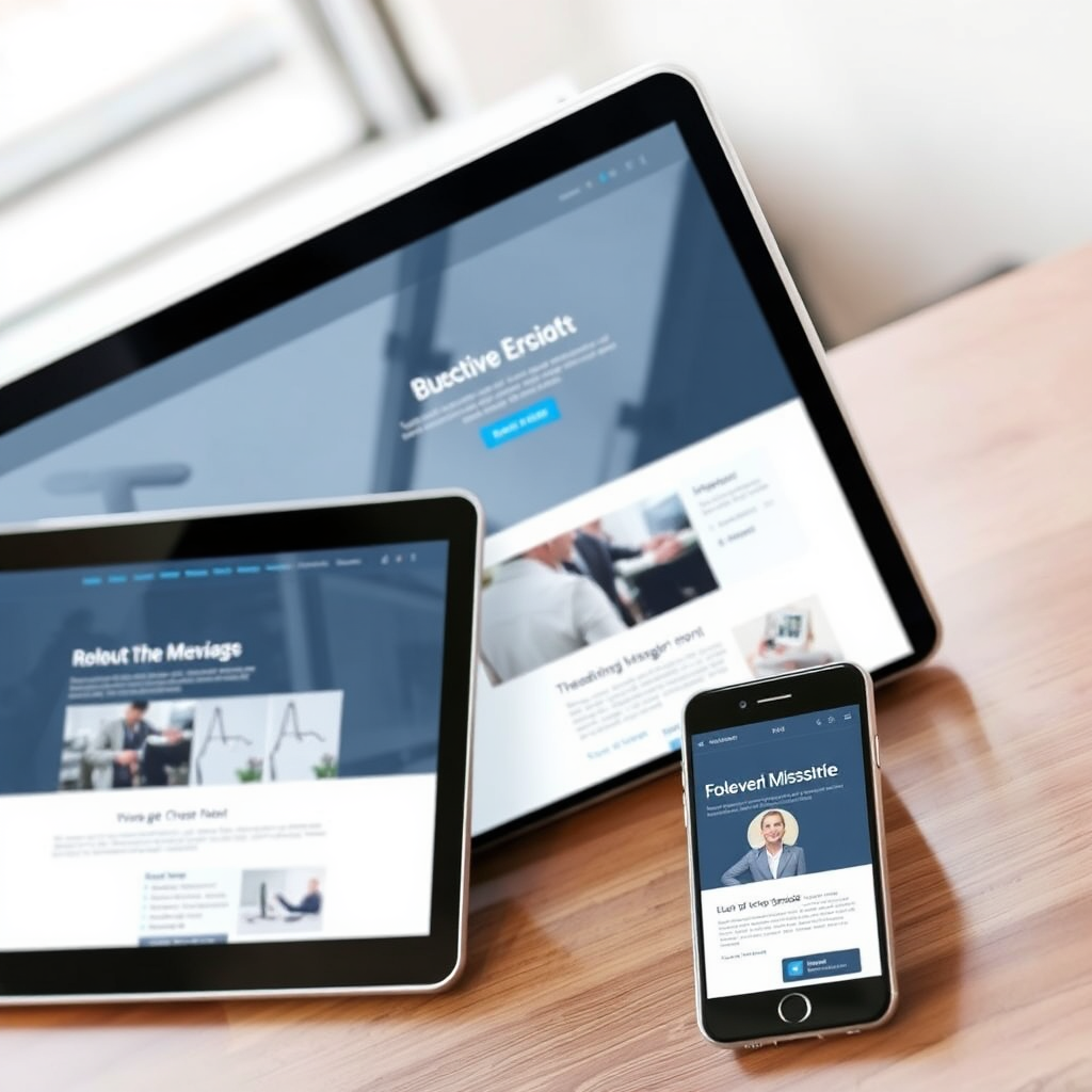 Create an image of a sleek, modern website design displayed on a variety of devices (laptop, tablet, smartphone). The design should be clean, minimalist, and visually appealing. The background should be blurred to focus attention on the website itself. The color palette should be modern and professional, with a focus on blues and grays. The camera angle should be a slightly high angle, showcasing all the devices. Style: Clean, modern, and professional.