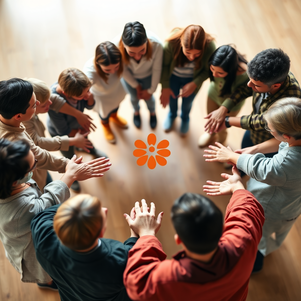 Create an image representing community building. Depict a group of people holding hands in a circle, forming a strong and supportive community. The brand's logo is subtly incorporated into the center of the circle. The color palette should be warm and inviting, with a focus on earth tones. The camera angle should be a slightly high angle, emphasizing the unity of the group. Style: Inclusive, supportive, and warm.