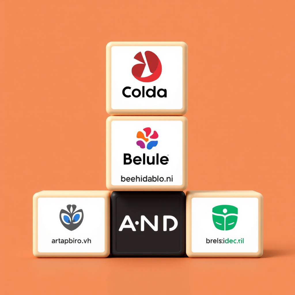 Create an image representing consistent branding. Depict a series of identical building blocks stacked neatly, each with a different brand element (logo, color, font). The blocks are arranged in perfect alignment. The color palette should be clean and minimalist, with a focus on brand colors. The camera angle should be a straight-on shot, emphasizing the order and uniformity. Style: Modern, minimalist, and precise.