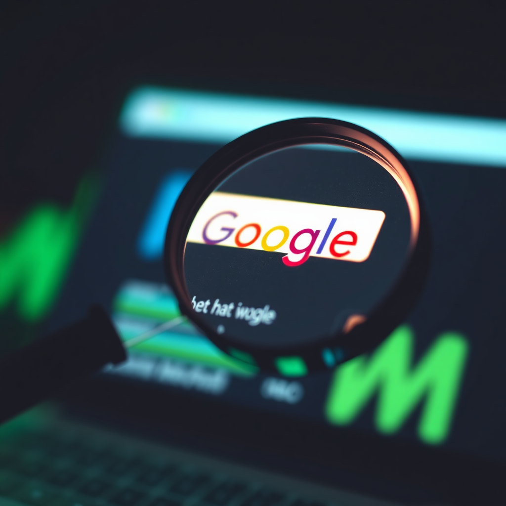 Create an image representing SEO optimization. Depict a magnifying glass hovering over a website ranking on the first page of Google search results. The website is glowing and highlighted, symbolizing its visibility. The color palette should be clean and professional, with a focus on greens and blues. The camera angle should be a close-up, emphasizing the magnifying glass and the website. Style: Focused, precise, and effective.