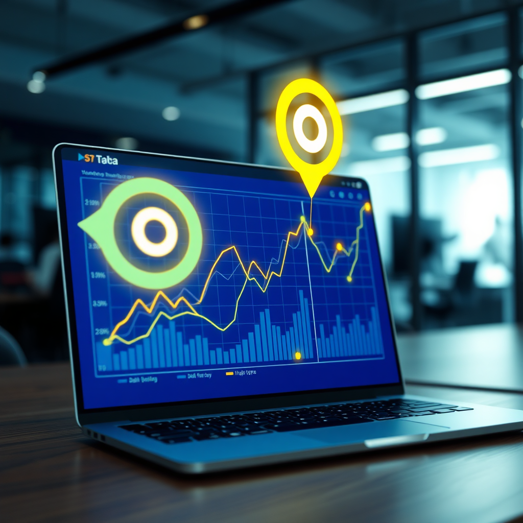 Create an image visualizing data-driven marketing. A holographic projection of a website traffic graph overlays a laptop screen, with lines of data flowing towards a target icon. The scene should be set in a dimly lit, modern office. The color palette should be primarily blues and greens, with accents of bright yellow to highlight key data points. The camera angle should be a close-up, focusing on the laptop screen and the holographic projection. Style: Futuristic, tech-focused.