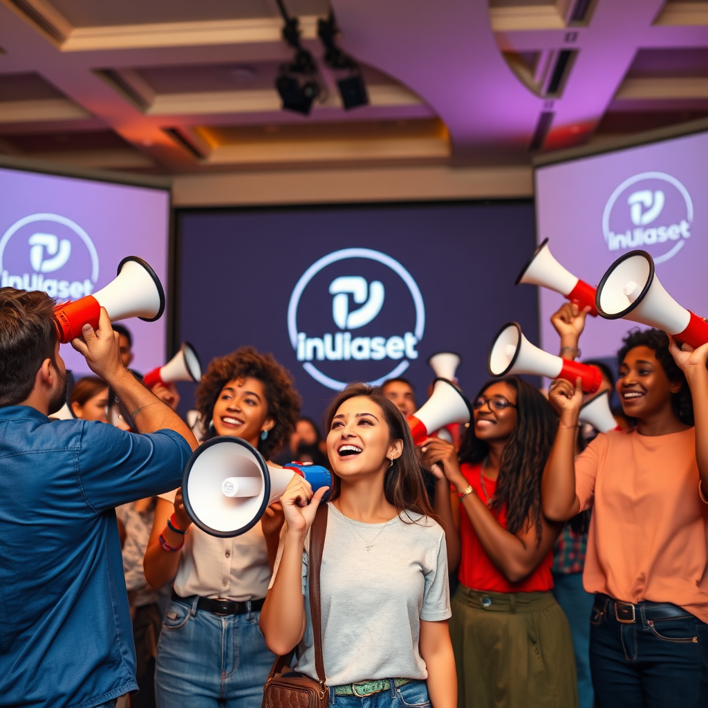 Create an image visualizing influencer marketing. Depict a group of diverse individuals with strong social media followings (influencers) amplifying a brand's message through megaphones. The brand's logo is projected onto a large screen in the background. The color palette should be vibrant and energetic, reflecting the excitement of influencer collaborations. The camera angle should be a wide shot, capturing the scale of the event. Style: Modern, dynamic, and social.