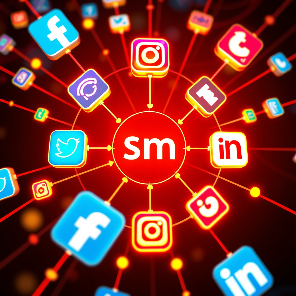 Visualize a social media marketing campaign in action. Depict a network of interconnected social media icons (Facebook, Instagram, Twitter, LinkedIn) radiating out from a central point (the brand's logo). The icons are glowing and vibrant, symbolizing the reach and impact of social media. The color palette should be bright and energetic, reflecting the dynamism of social media. The camera angle should be a wide shot, capturing the entire network. Style: Dynamic, connected, and energetic.