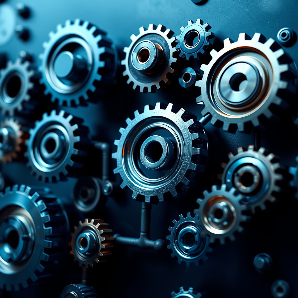 Visualize automated marketing workflows. Depict a series of gears and cogs working in perfect synchronization, leading to a finished product (e.g., a website launch or a social media post). The color palette should be cool and efficient, with blues and silvers. The camera angle should be a dynamic, slightly angled shot, emphasizing the flow of the process. Style: Industrial, mechanical, and efficient.