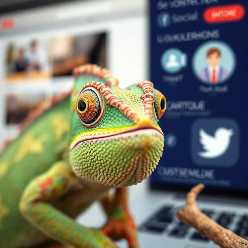 Visualize personalized customer experiences. Depict a chameleon adapting to different environments (e.g., a website, a social media platform), reflecting the ability to customize content for each user. The color palette should be adaptable and versatile, with a focus on natural colors. The camera angle should be a close-up, highlighting the chameleon's ability to blend in. Style: Adaptable, versatile, and natural.