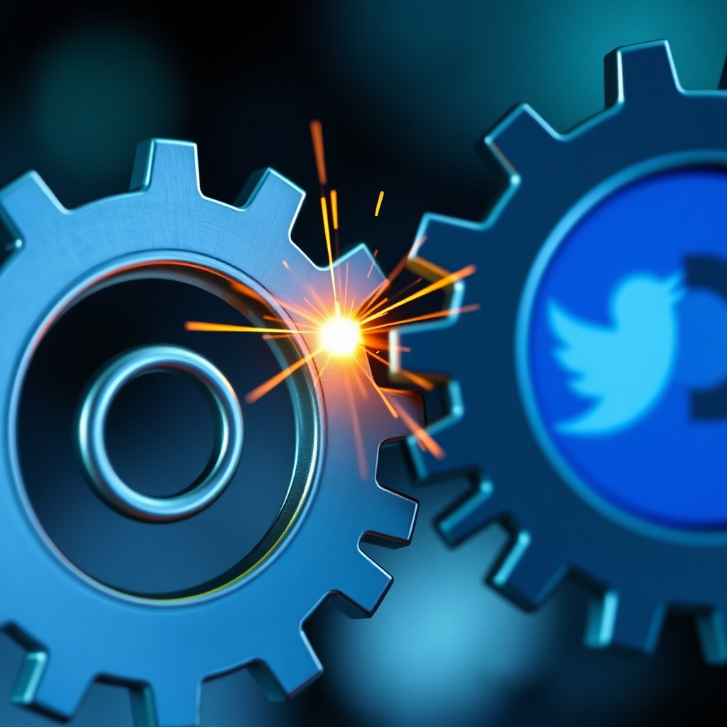 Visualize seamless integration between a website and social media. Depict two gears interlocked and spinning smoothly, one representing a website and the other representing social media. Sparks of light emanate from the point of contact. The color palette should be blues and greens, symbolizing trust and growth. The camera angle should be a close-up, highlighting the intricate details of the gears. Style: Sleek, mechanical, and dynamic.