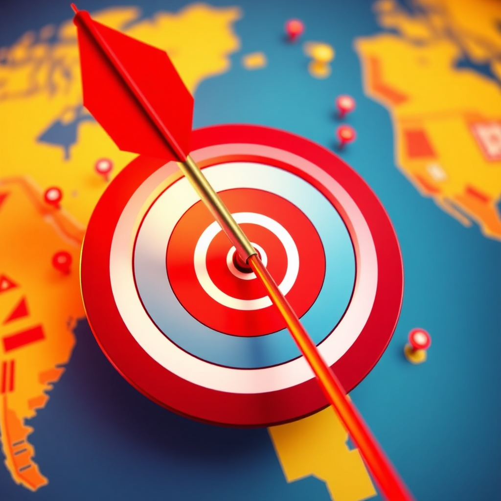 Visualize targeted advertising with an arrow hitting a bullseye target. The target is overlaid on a world map, with pins representing customer locations. The arrow is made of light, symbolizing the precision of digital targeting. The color palette should be vibrant and energetic, with reds, oranges, and yellows. The camera angle should be a dynamic, slightly angled shot. Style: Clean, graphic, and modern.
